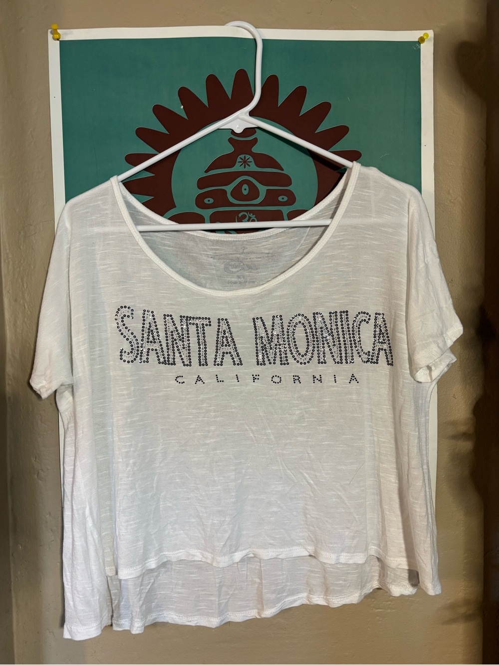 Santa Monica California Rhinestone Sequin High-Low Crop Tee XL USA Made